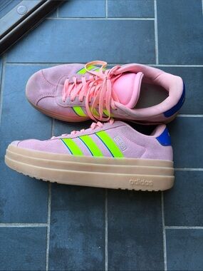 adidas Pink Platform Sneakers with Neon Green and Blue Accents